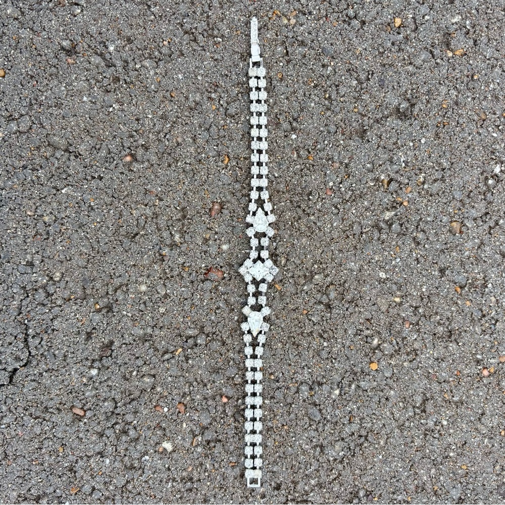 Vintage Rhinestone Bracelet 7” Silvertone Multi Strand Art Deco Style Sparkly